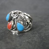 Southwestern Sterling Faux Turquoise Coral Ring Size 5.5