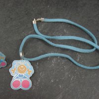Vintage Enamel Sterling Girl Necklace Earrings Jewelry Set