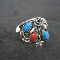 Southwestern Sterling Faux Turquoise Coral Ring Size 5.5