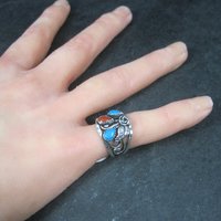 Southwestern Sterling Faux Turquoise Coral Ring Size 5.5