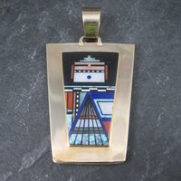 Native American Inlay Pendant Solid 14K Gold Navajo Jerry Nelson Double Sided