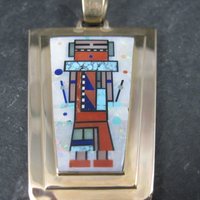 Native American Inlay Pendant Solid 14K Gold Navajo Jerry Nelson Double Sided