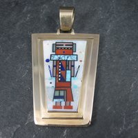Native American Inlay Pendant Solid 14K Gold Navajo Jerry Nelson Double Sided