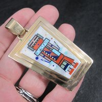 Native American Inlay Pendant Solid 14K Gold Navajo Jerry Nelson Double Sided