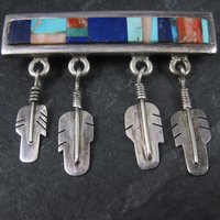 Southwestern Sterling Inlay Feather Brooch Signed