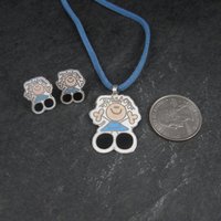 Vintage Enamel Sterling Girl Necklace Earrings Jewelry Set