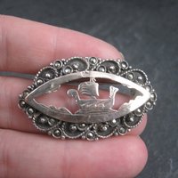 Vintage 800 Silver Greek Ship Marcasite Brooch