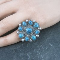 Southwestern Sterling Turquoise Cluster Ring Size 5