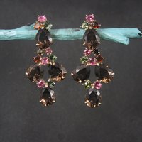 Large Vermeil Sterling Tourmaline and Quartz Gemstone Earrings