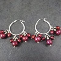 Vintage Sterling Red Pearl Hoop Earrings