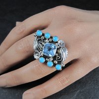 Southwestern Sterling Topaz Turquoise Two Finger Ring Sizes 9 and 8.5