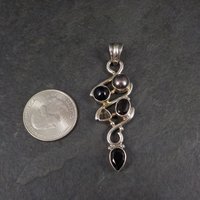 Large Vintage Sterling Pearl Onyx Smoky Quartz Topaz Gemstone Pendant