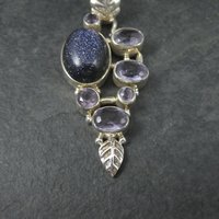 Large Sterling Blue Goldstone Amethyst Leaf Pendant