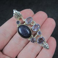 Large Sterling Blue Goldstone Amethyst Leaf Pendant