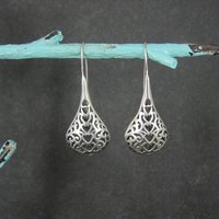 Large Sterling Filigree Heart Drop Earrings