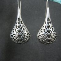 Large Sterling Filigree Heart Drop Earrings