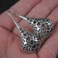 Large Sterling Filigree Heart Drop Earrings