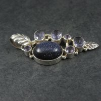 Large Sterling Blue Goldstone Amethyst Leaf Pendant