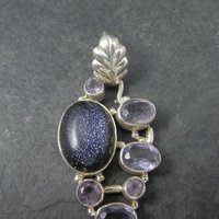 Large Sterling Blue Goldstone Amethyst Leaf Pendant