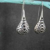 Large Sterling Filigree Heart Drop Earrings