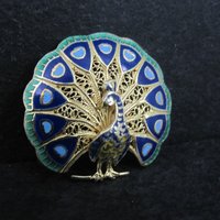 Vintage Gold Gilt Silver Enamel Peacock Brooch NOS