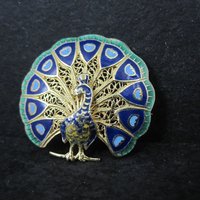 Vintage Gold Gilt Silver Enamel Peacock Brooch NOS