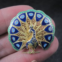 Vintage Gold Gilt Silver Enamel Peacock Brooch NOS