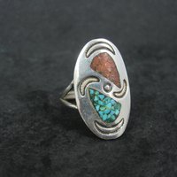 Southwestern Sterling Crushed Turquoise Coral Ring Size 7.5