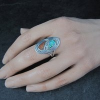 Southwestern Sterling Crushed Turquoise Coral Ring Size 7.5