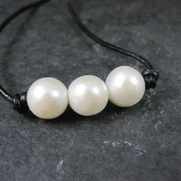 Simple Leather and Genuine Pearl Necklace 16 Inches