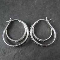 Estate Sterling Black & White Cz Latch Hoop Earrings