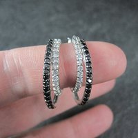 Estate Sterling Black & White Cz Latch Hoop Earrings