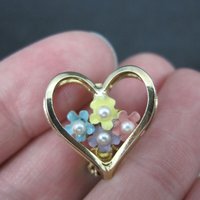 Vintage Enamel Flower Heart Earrings & Brooch Jewelry Set