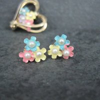 Vintage Enamel Flower Heart Earrings & Brooch Jewelry Set