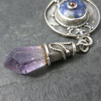 Long Vintage Garnet Lapis Amethyst Point Celestial Pendant