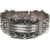 Wide Ornate Vintage Panel Bracelet Mexican Sterling 7.5 Inches