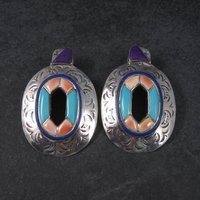 Large Vintage Southwestern Earrings with Turquoise Sugilite and Spiny Oyster Inlay | Bold Sterling Silver Statement Jewelry