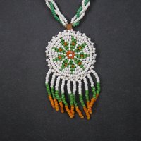 Vintage Sioux Orange Green White Beaded Necklace 26 Inches
