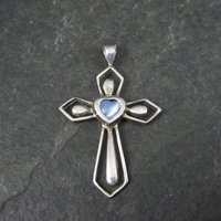 Estate Sterling Blue Cats Eye Cross Pendant