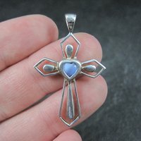 Estate Sterling Blue Cats Eye Cross Pendant