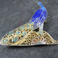 Antique Gold Gilt Silver Enamel Peacock Brooch