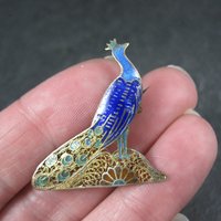 Antique Gold Gilt Silver Enamel Peacock Brooch