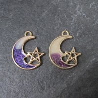 Lot of 2 Crescent Moon Pentagram Charms Purple & Blue