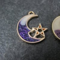 Lot of 2 Crescent Moon Pentagram Charms Purple & Blue