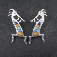 Vintage Southwestern Sterling Kokopelli Inlay Earrings