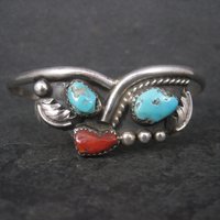 Vintage Southwestern Sterling Turquoise Coral Cuff Bracelet 6.25 Inches