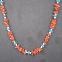 Vintage Chinese Export Coral Turquoise Necklace 30 Inches