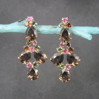 Large Vermeil Sterling Tourmaline and Quartz Gemstone Earrings