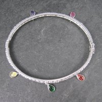 Vintage Sterling Gemstone Dangle Charm Bangle Bracelet 7.25 Inches