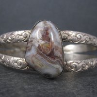 Vintage Sterling Floral Agate Cuff Bracelet 7 Inches